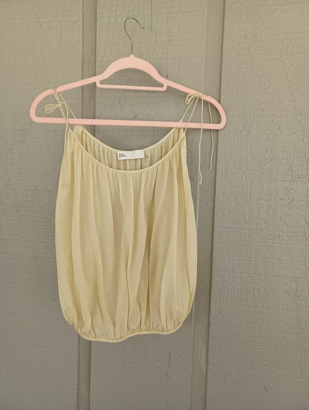 Tory Burch Shoulder Tie Bubble Hem Tank Top Size 4 Semi Sheer Cotton Silk Neutra